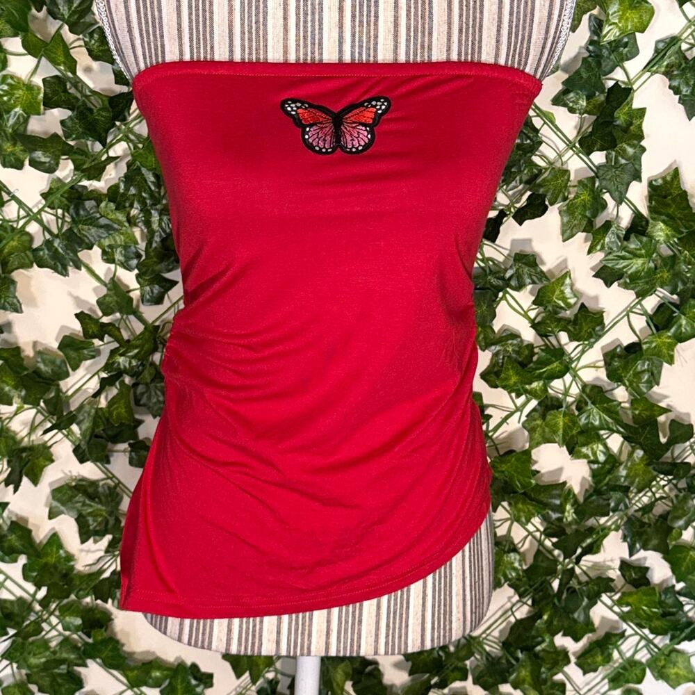 New red tube top with butterfly patch